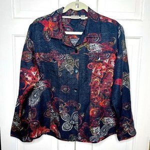 Chico’s Black Silk Linen Textured Long Sleeve Button Blouse Sz 2 Medium